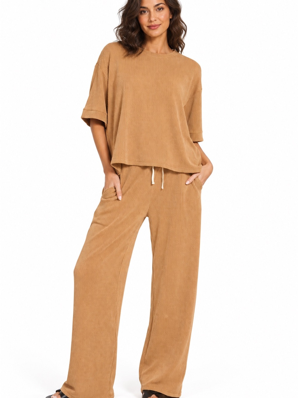 Zenana Camel Ribbed Two-Piece Lounge Set | Short Sleeve Top & Wide-Leg Pants